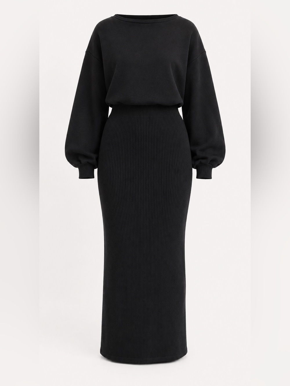 Black Maxi Sweater Dress set with Balloon Sleeves